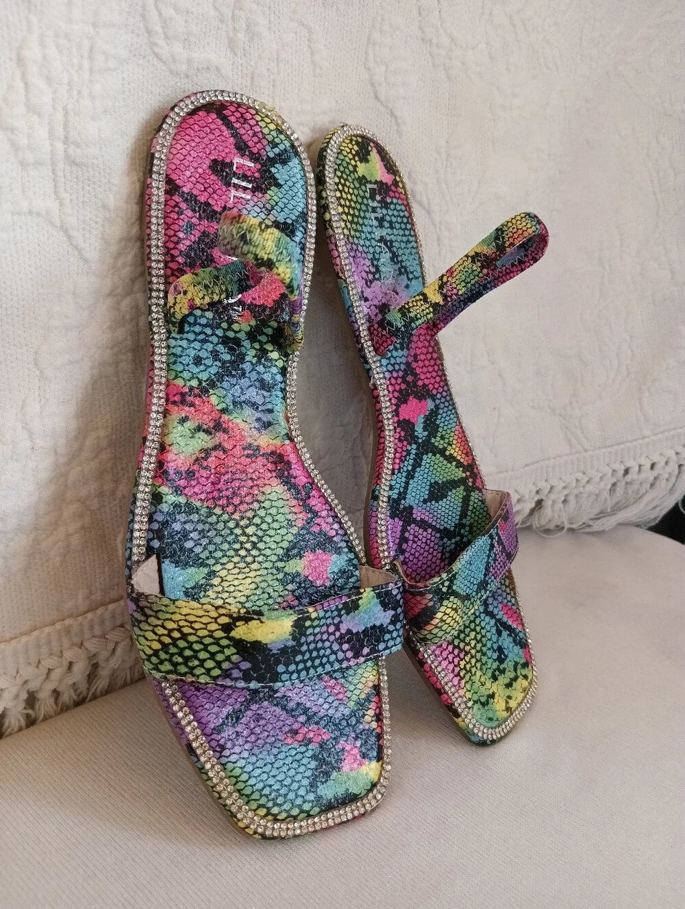 Liliana Neon Snake-Print Rhinestone Trim Flat Sandals Colorful Rainbow Flats 8